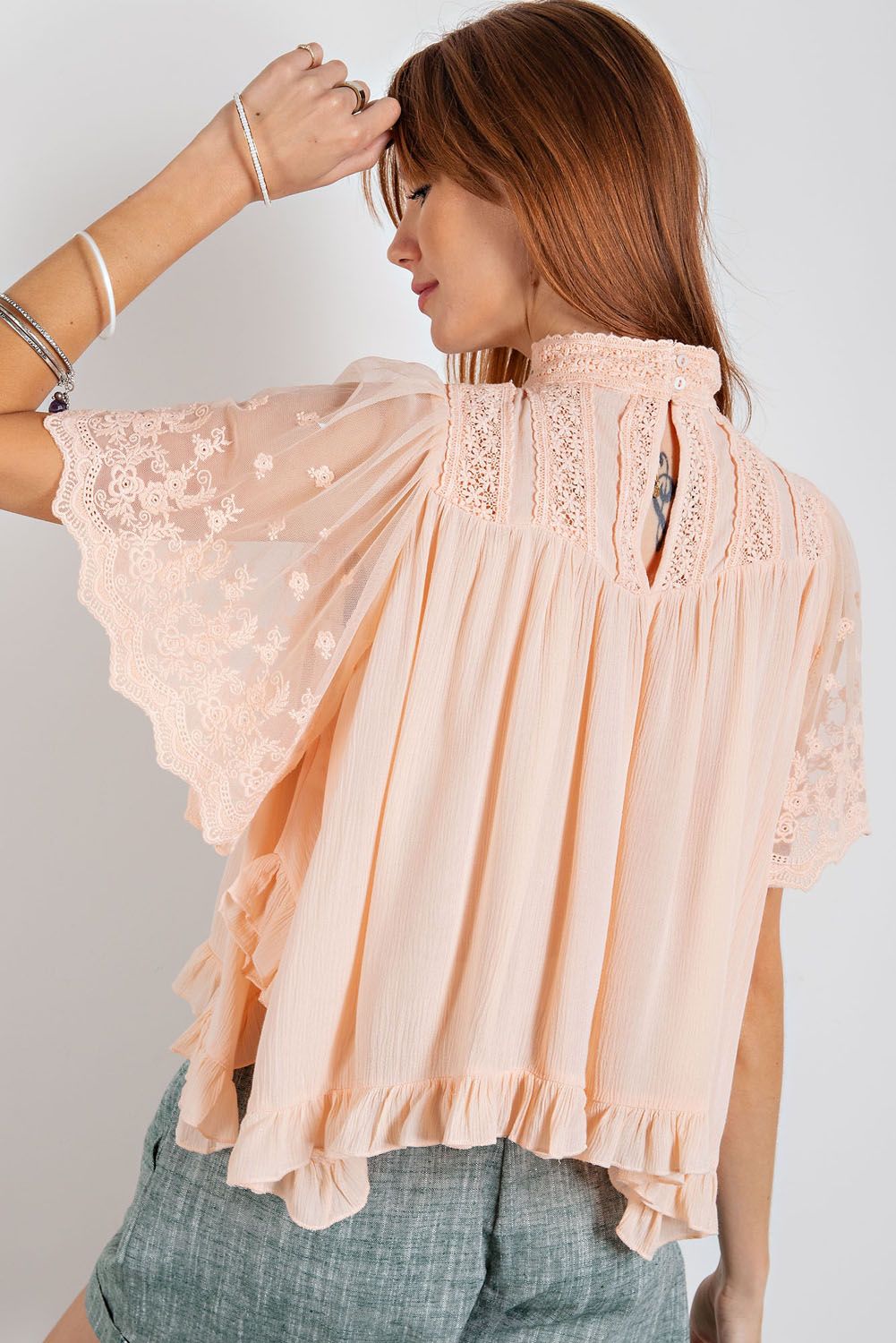 Easel Fairy Mock Neck Short Blouse - Peach