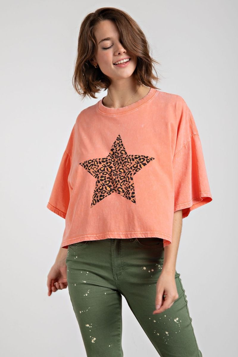 Easel Mineral Wash Animal Print Star Top - Orange Coral