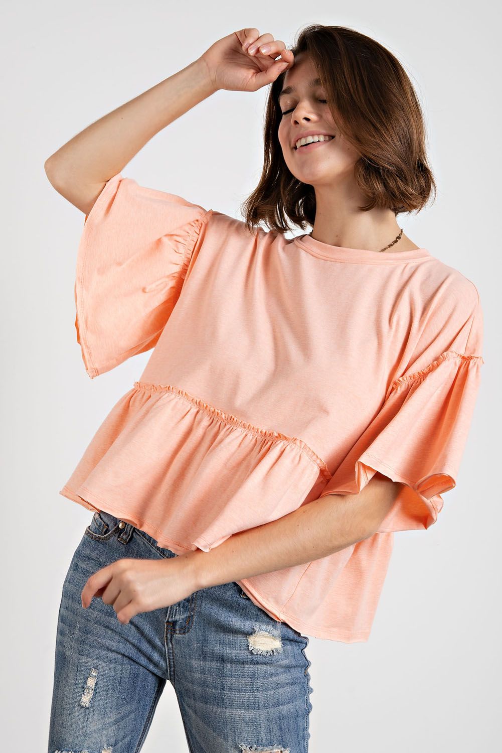 Easel Candee Ruffle Short Babydoll Top - Wash Peach