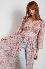 Easel Floral Sheer Maxi Kimono Button Front