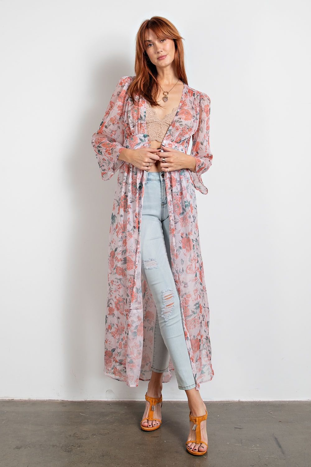 Easel Floral Sheer Maxi Kimono Button Front