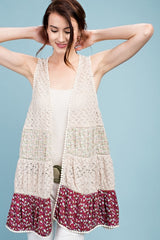 Easel Mixed Fabric Boho Vest -Vintage Rose