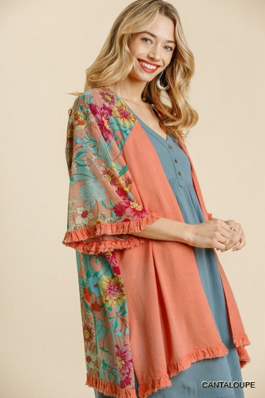 Umgee Linen Floral Kimono - Cantaloupe