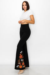 T-Party Floral Embroidery Flare Foldover Tall Pants - Black
