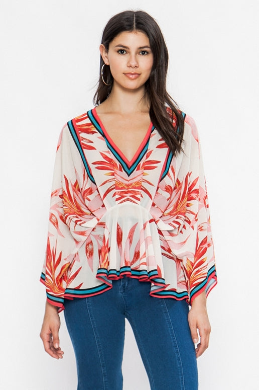 Flying Tomato Tropical Print Kimono Blouse - Red