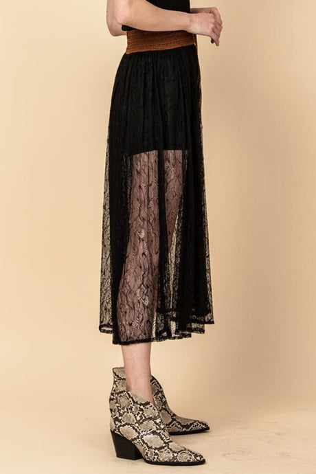 Lace Mesh Wide Belt Midi Skirt Lined w/ Shorts - Black