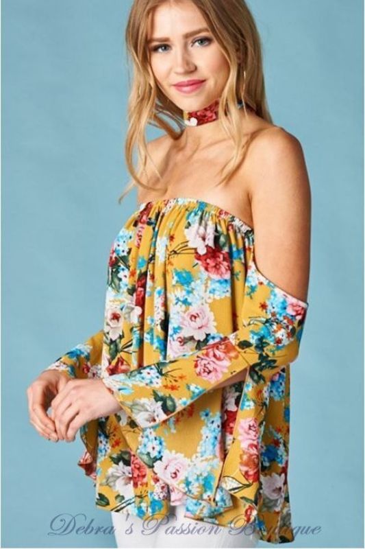 Floral Off Shoulder Blouse - Mustard Yellow