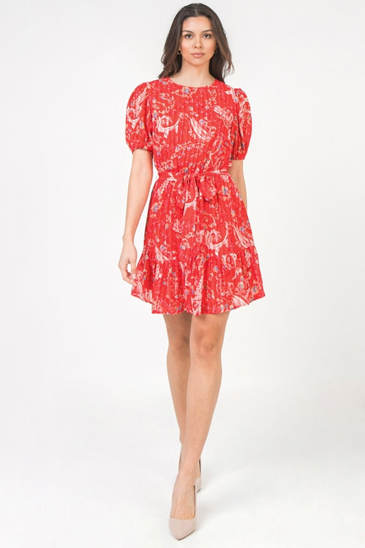 Paisley Swirl Print Pleat Illusion Dress - Red