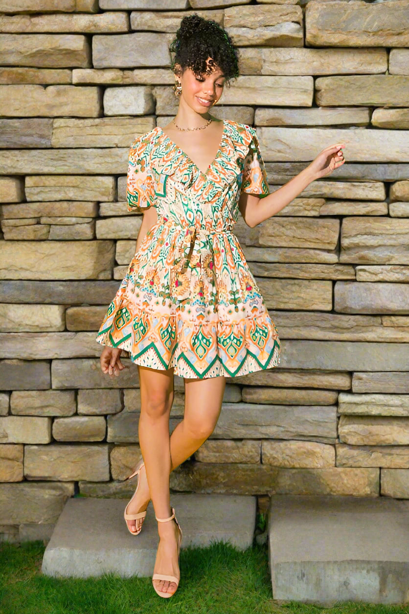 MOMENTS OF BLISS FLORAL WOVEN MINI DRESS l FLYING TOMATO IVORY GREEN / M