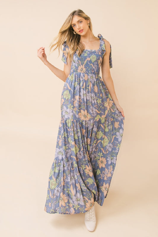Navy Blue Floral Winter Maxi Dress Boho Chic Tiered Romantic -  Finland