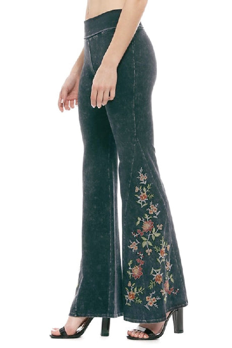 * FINAL SALE T-Party Floral Embroidered Yoga Pants - Blue Tint Black