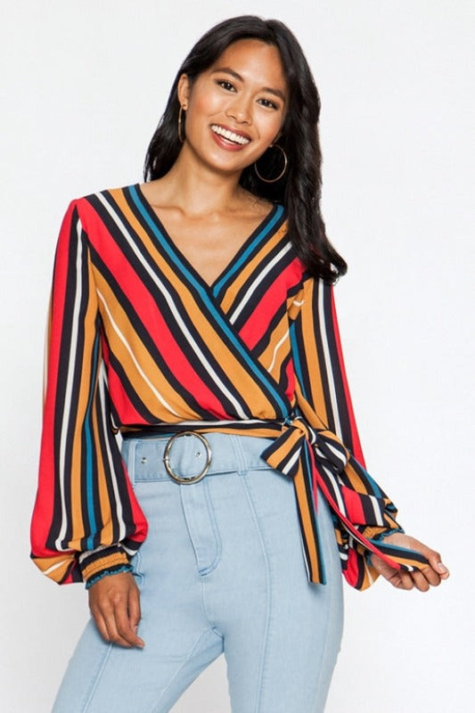 Flying Tomato Striped Wrap Crop Blouse