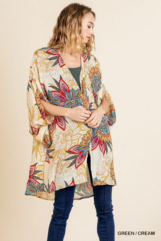 Umgee Tropical Split Sleeve Kimono - Cream Green