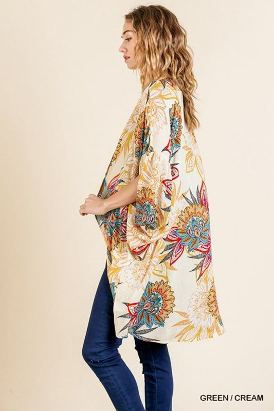 Umgee Tropical Split Sleeve Kimono - Cream Green