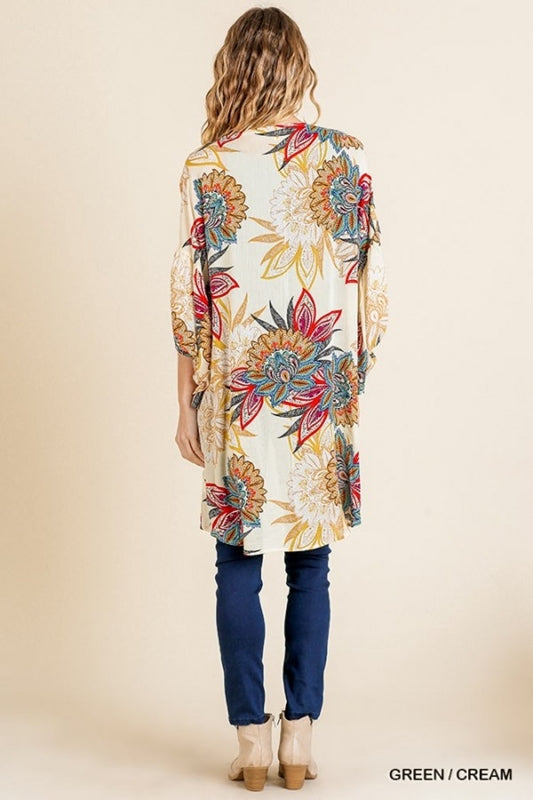 Umgee Tropical Split Sleeve Kimono - Cream Green