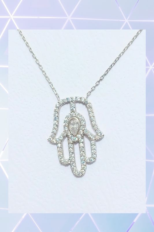 Sterling Silver 925 Charm Necklace - CZ Hamsa Hand & Eye