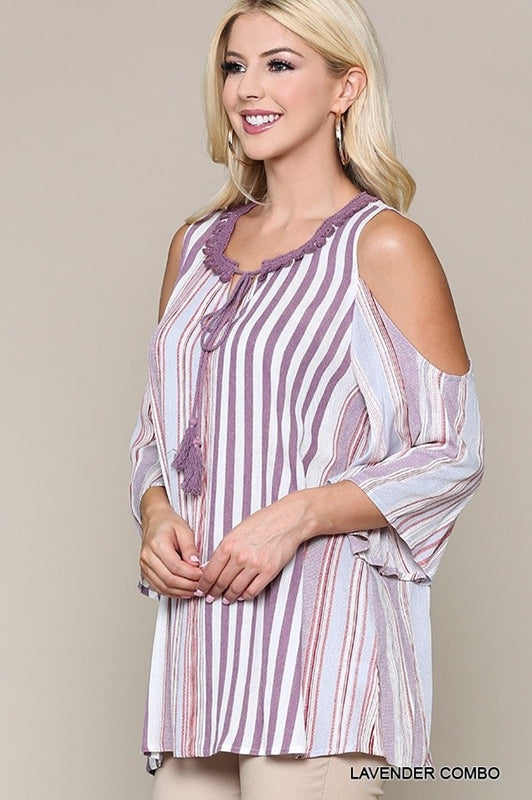Gigio Lavender Stripe Cold Shoulder Tassel Tunic Top