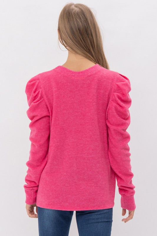 Cherish Puff Sleeve Knit Sweater Top - Hot Pink