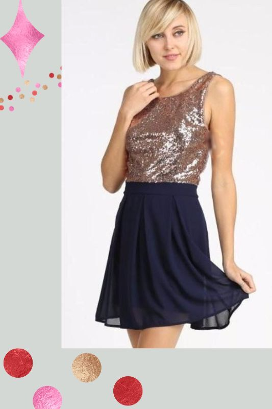 Fit N Flare Bronze Sequin Dress - Navy