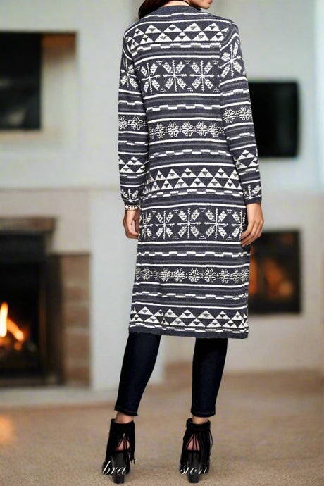Fair Isle Cardigan Long Sweater - Navy
