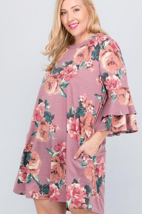 Easy French Terry Floral Print Dress - Dusty Rose