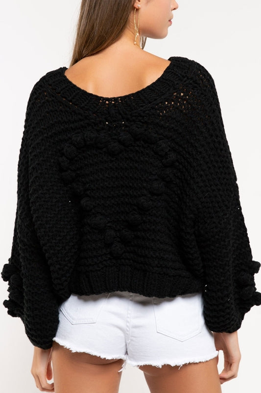 POL 3D Bauble Hearts Crop Chunky Knit Top - Jet Black