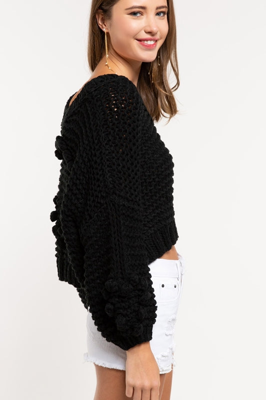 POL 3D Bauble Hearts Crop Chunky Knit Top - Jet Black