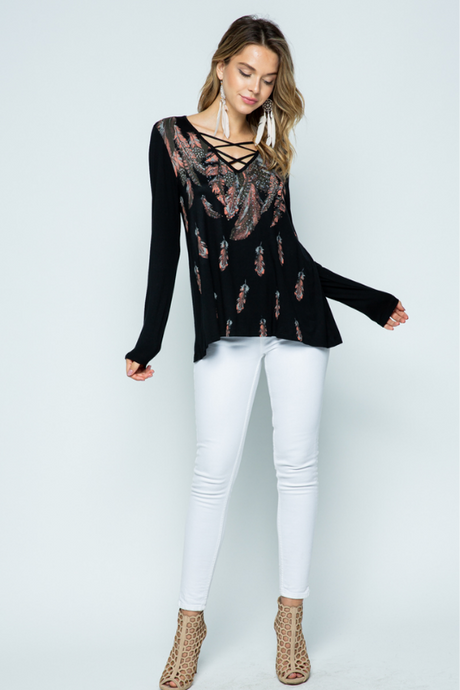 Vocal Criss Cross Feathers Tunic Top - Black