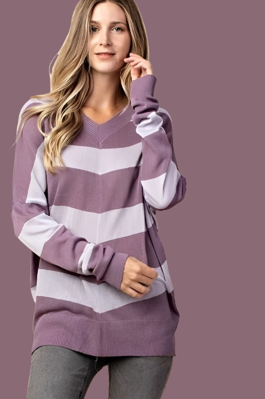 Kori Dolman Knit Sweater Striped Top - Violet