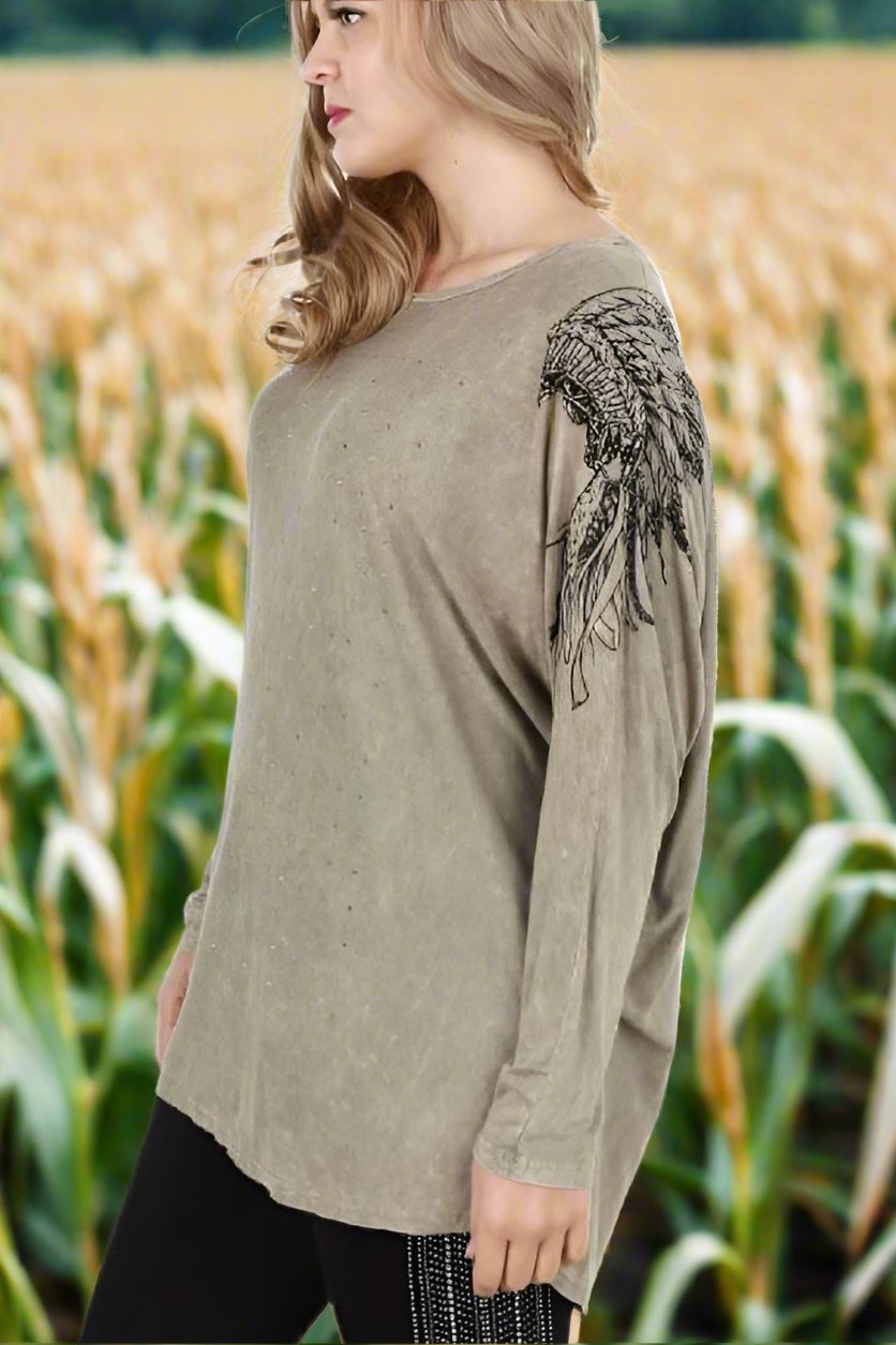 Vocal Plus Size Rhinestone Top with Native Headdress Sleeve Print