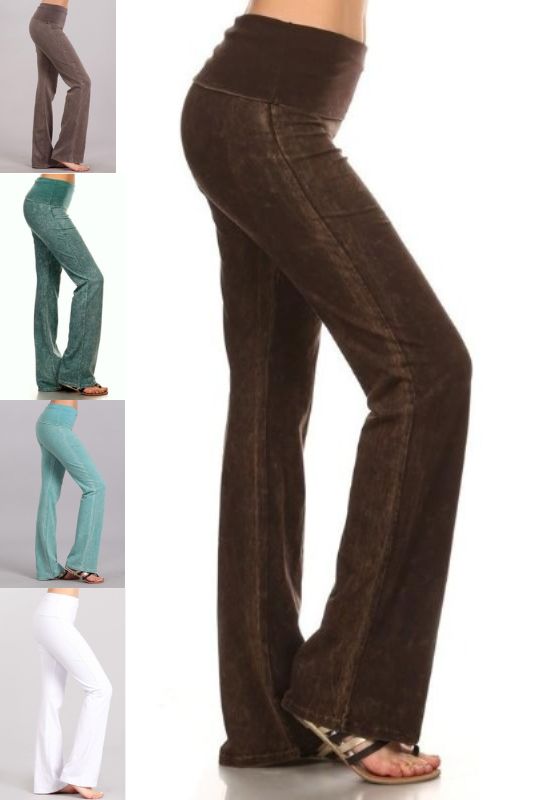 Zenana Women Fold Over Waist Cotton Stretch Flare Leg Boot Cut Yoga Pants  Leggings Mid Grey Large 