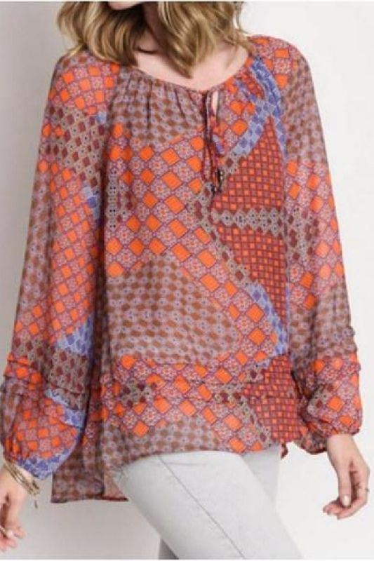 Umgee Patchwork Sheer Blouse - Tangerine