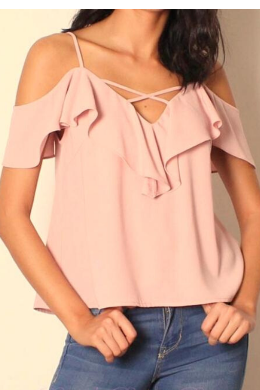 Lunik Cold Shoulder Ruffle Top - Dusty Pink