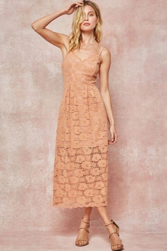 Eleganza Guipure Flower Lace Strappy Midi Dress - Mauve