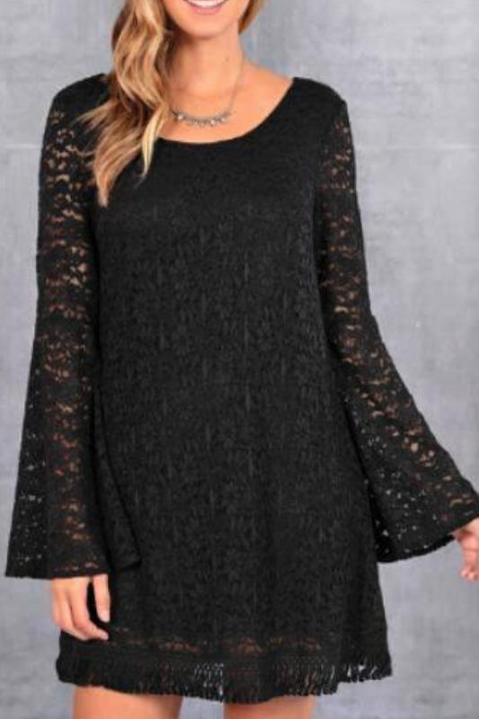 Lace Mini Tunic Dress with Trim Hem - Black