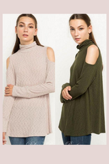 Mittoshop Mock Turtleneck Cold Shoulder Top - Olive or Taupe