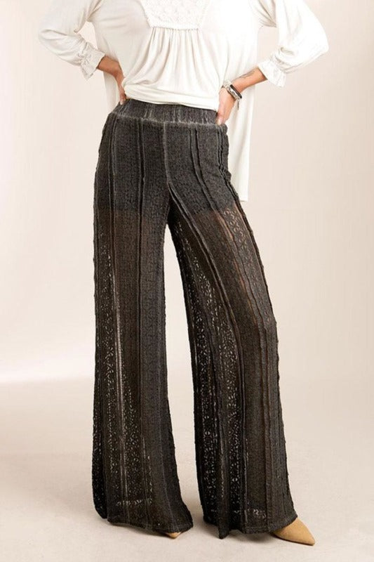 POL Flower Lace Palazzo Pants Shorts Lined - Olive