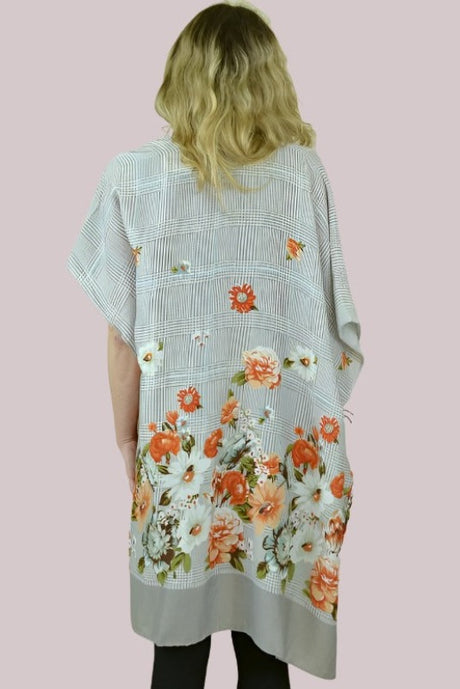 Flower Houndstooth Kimono - Gray/Orange