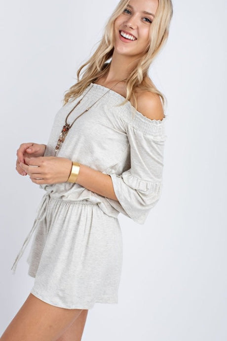 12PM by Mon Ami Off Shoulder Romper - Oatmeal