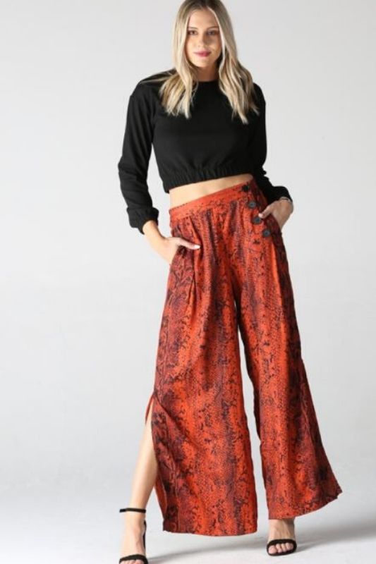 Angie Snakeskin Button Wide Pants - Rust