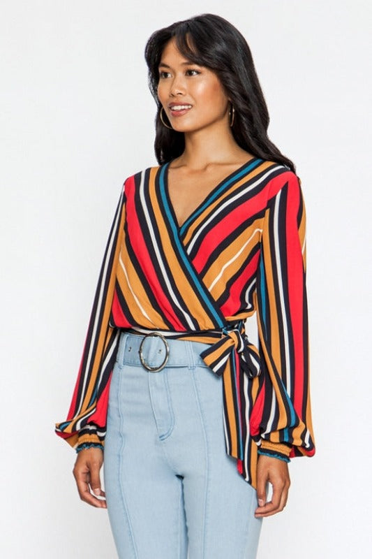 Flying Tomato Striped Wrap Crop Blouse