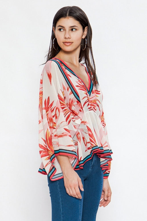 Flying Tomato Tropical Print Kimono Blouse - Red