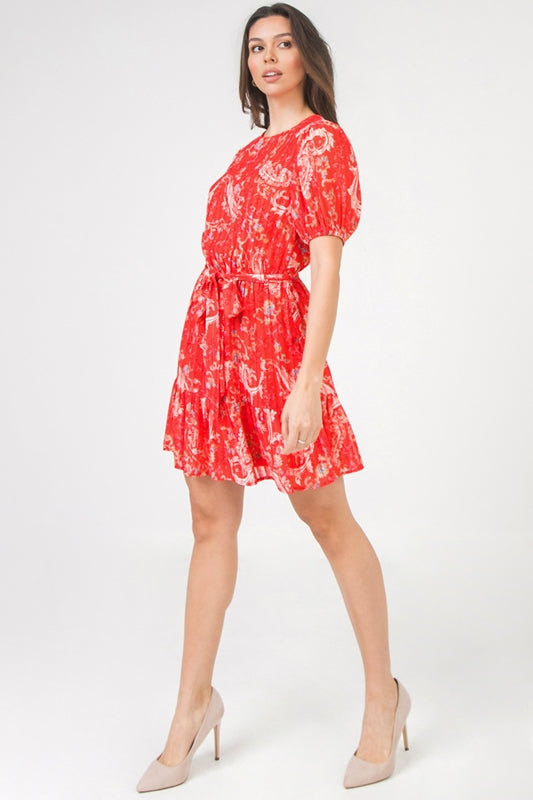 Paisley Swirl Print Pleat Illusion Dress - Red