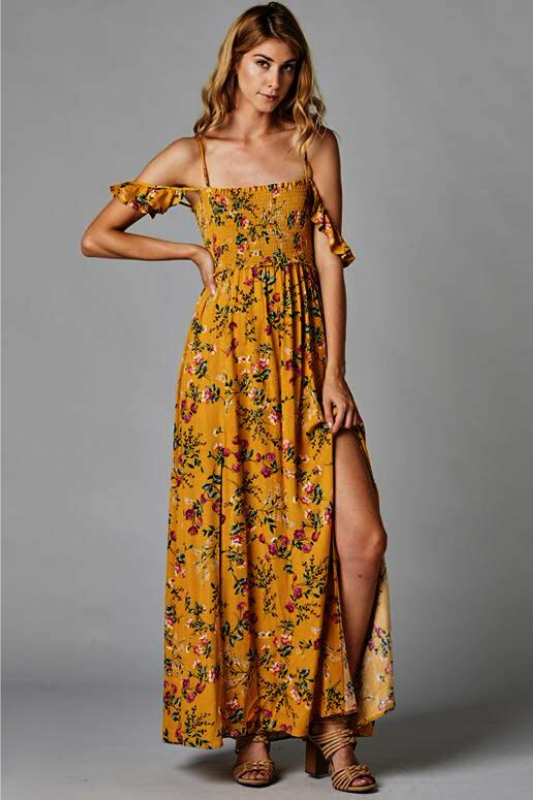 Floral Print Open Shoulder Smocked Maxi Dress - Mustard