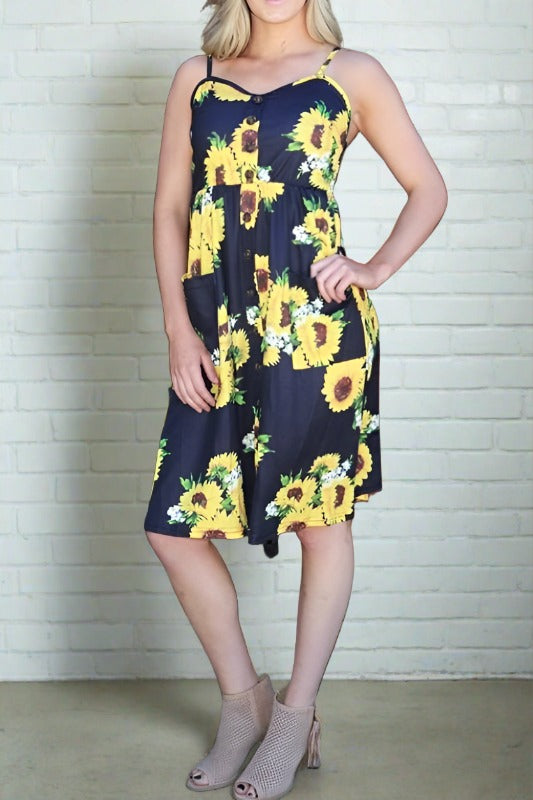 Sunflower Print Navy Midi Dress with Pockets & Smocked Back
