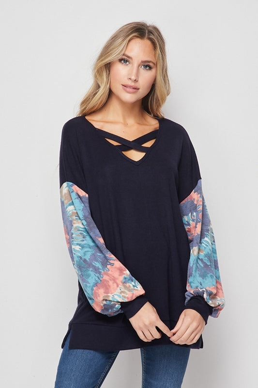 Honey Me Bubble Sleeve Top - Dk Navy/ Denim Coral