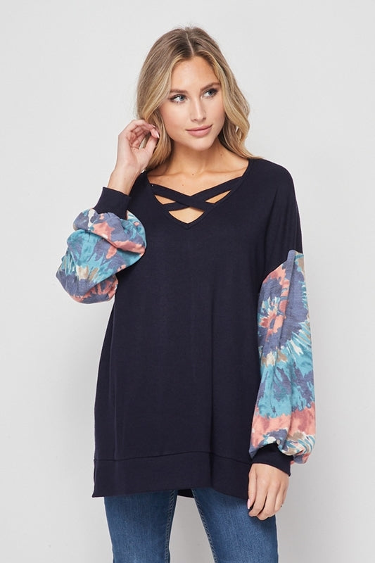 Honey Me Bubble Sleeve Top - Dk Navy/ Denim Coral