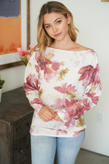 White Birch Floral Dolman Soft Cozy Top - Ivory/Red