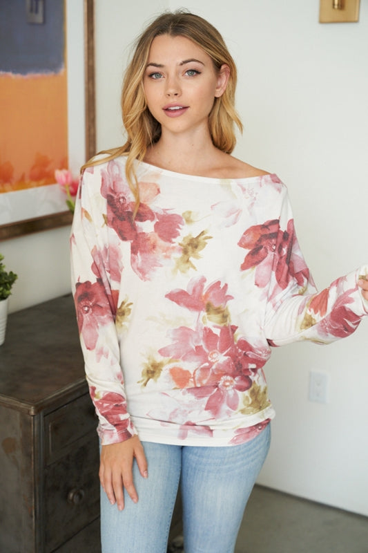 White Birch Floral Dolman Soft Cozy Top - Ivory/Red