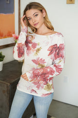 White Birch Floral Dolman Soft Cozy Top - Ivory/Red